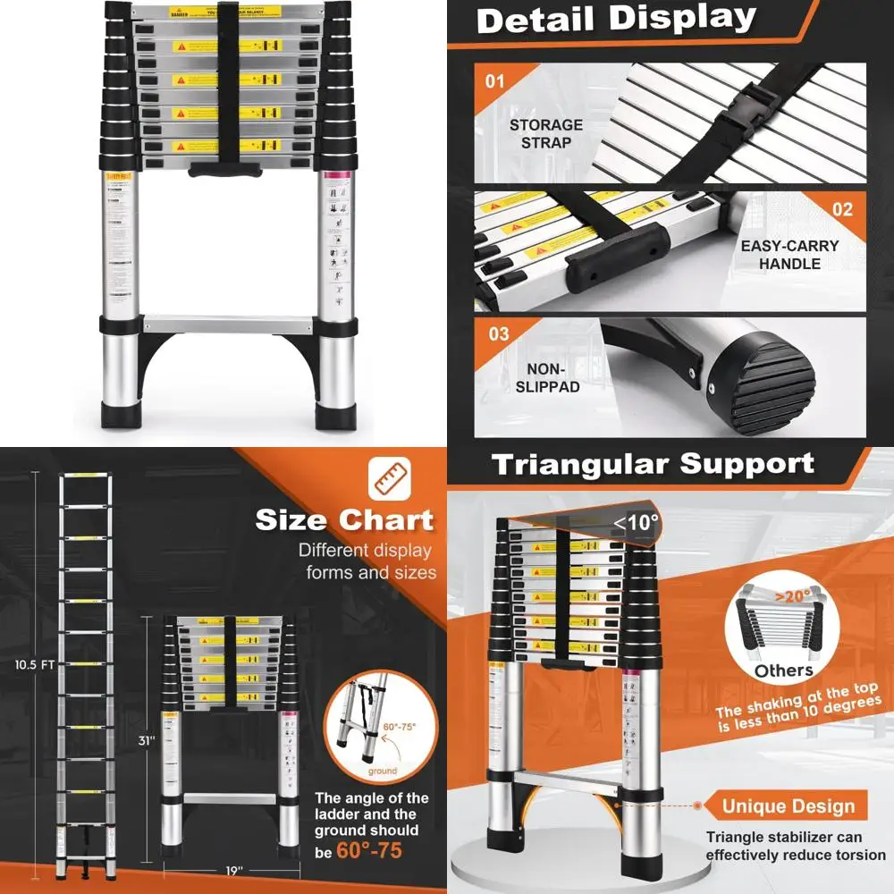 บันไดอลูมิเนียมน้ำหนักเบา ยาว 10.5 ฟุต รับน้ำหนักได้ 330 ปอนด์ พร้อมตัวกันสั่นแบบสามเหลี่ยมคู่ สำหรับงานหนัก