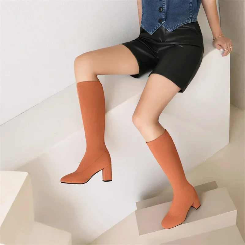 Green Rosy Women Stretch Knee High Boots High Block Heels Fall Winter Party Dress Lady Round Toe Slip-on Elastic Long Sock Boots