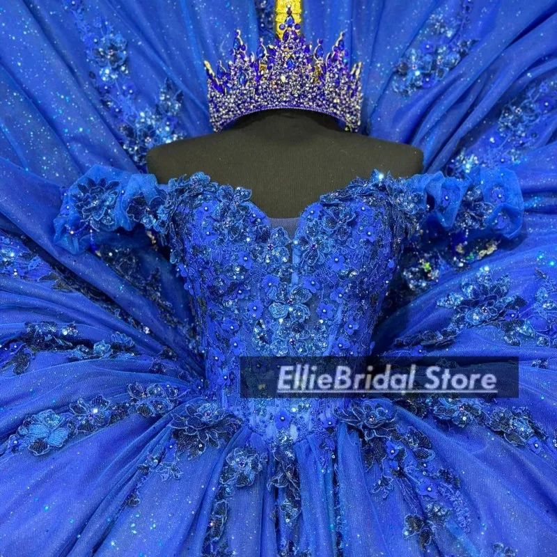 Błyszczące Niebieskie Sukienki Quinceanera Aplikacje Koraliki Vestido De 15 Quinceañera Krótkie Rękawy Słodkie Sukienki na 16 Urodziny Szyte na Miarę