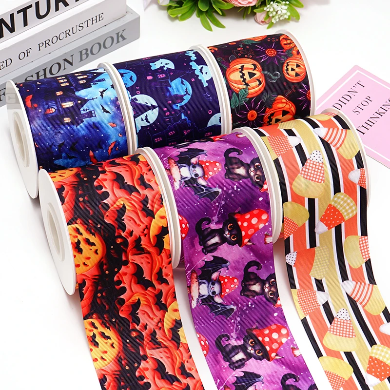 5 Yards Bat Black Cat Halloween Printed Grosgrain Satin Ribbons For Bows DIY Craft Decoration Packaging Supplies. 83544