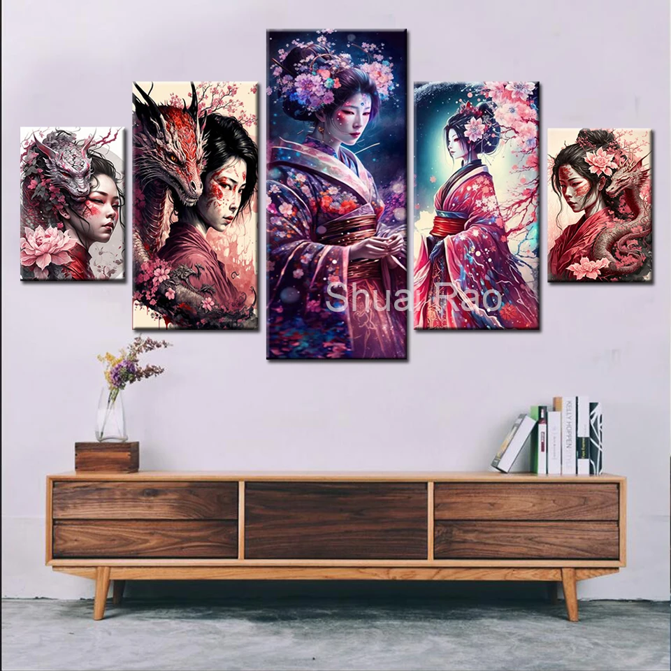 5 Panel Diamond Painting Japanese Geisha Full Diamond Embroidery New Portraits Cross Stitch Kits Rhinestone Picture Home Decor