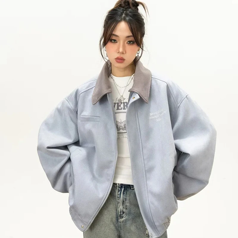 Jaqueta americana de camurça falsa feminina, casaco solto casual de rua com gola entalhada, manga comprida, zíper, vintage, beisebol, estilo preppy, roupa externa