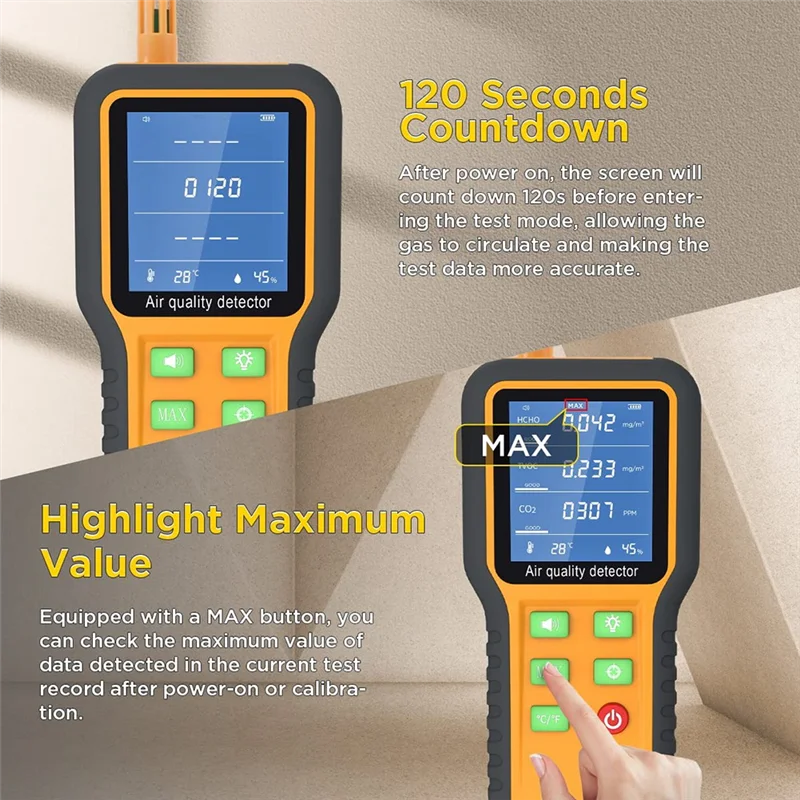 HFES مراقبة جودة الهواء الداخلي كاشف الفورمالديهايد TVOC/Temp./الرطوبة في الأماكن المغلقة مع موجه الجرس، شاشة بإضاءة خلفية