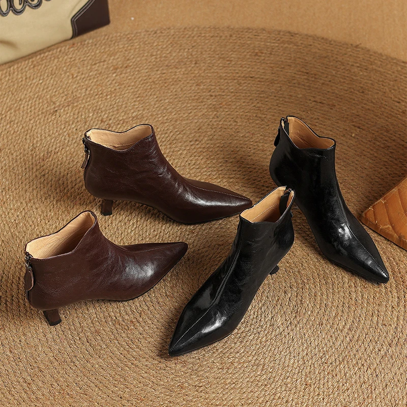2026 Spring Vintage Pointed Toe Women Ankle Boots Fashion Thick Heel Shoes Concise Short Botas De Mujer
