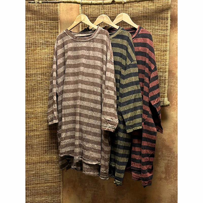 

Новое поступление 25, осенняя женская повседневная хлопковая футболка в стиле искусства с разрезом, футболки с длинным рукавом и круглым вырезом, винтажная длинная футболка в полоску S98