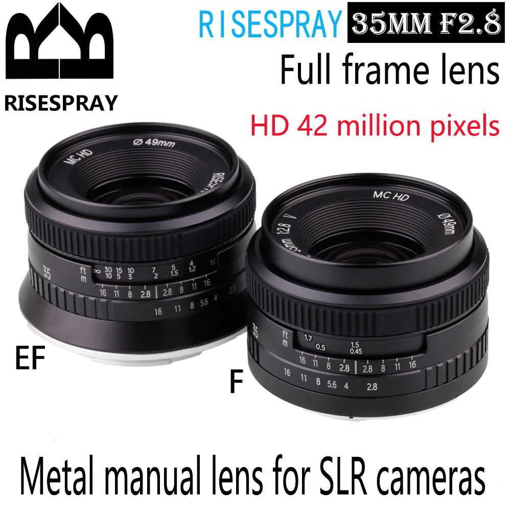 RISESPRAY 35MM F2.8 metal manual Wide angle Fixed lens HD 42 million pixels SLR lens For Canon EF for Nikon F DSLR Camera