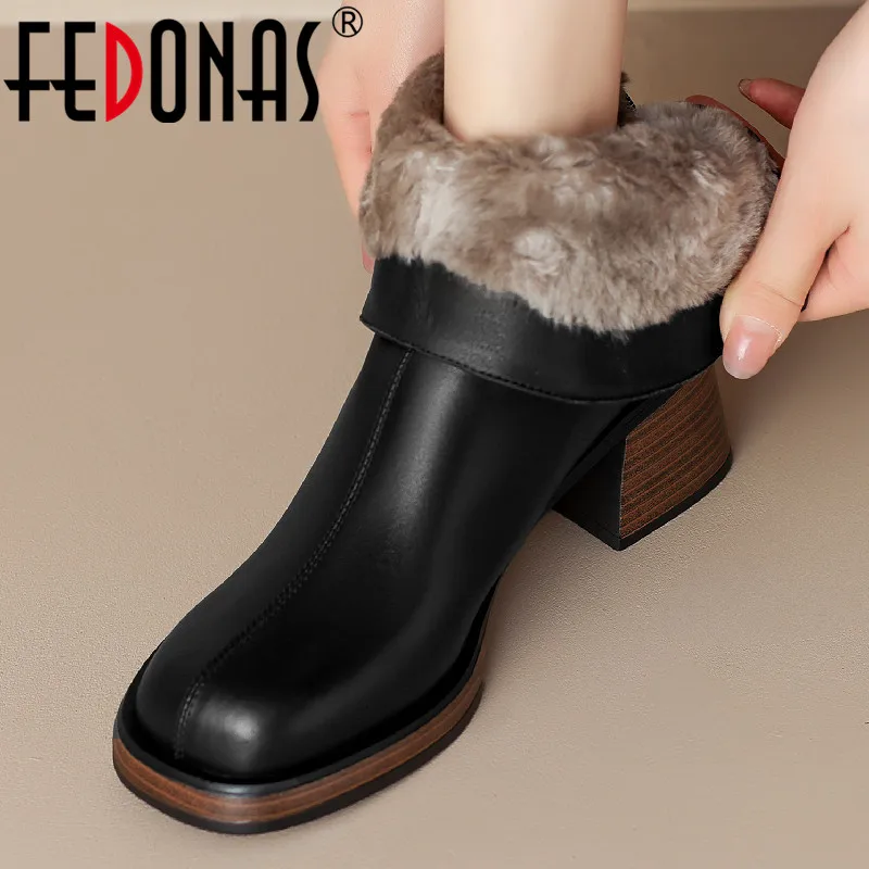 FEDONAS Top Quality Women Snow Ankle Boots Outdoor Winter Wool Office Ladies Thick Heels Genuine Leather Back Zipper Shoes Woman