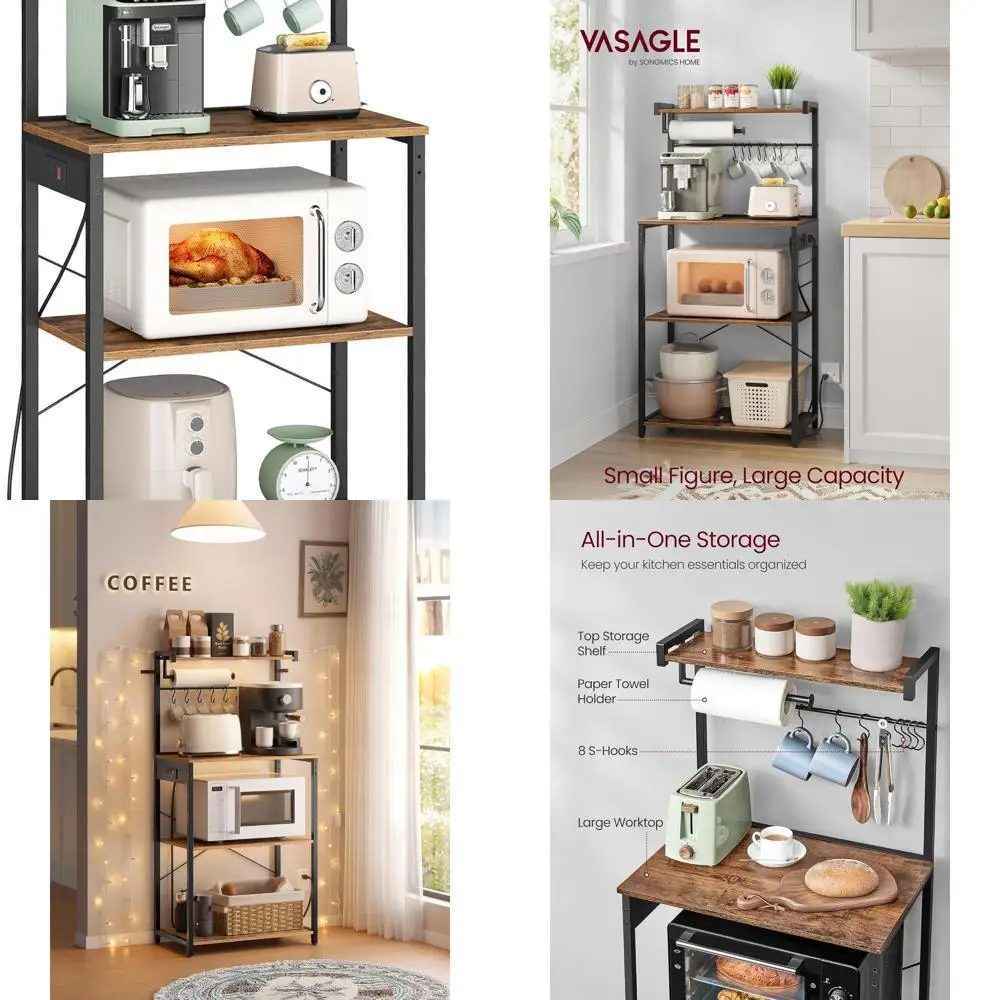 

Rustic Brown & Ink Black 4-Tier Baker's Rack with Power Outlet, Coffee Bar, 8 S Hooks, and Adjustable Shelf for Compact Spaces U