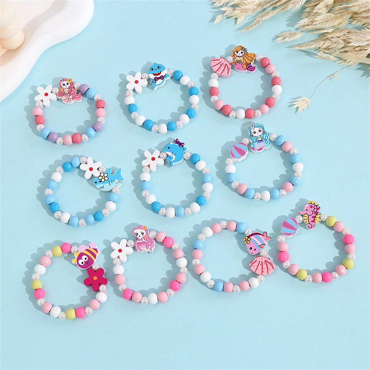 10Pcs/Pack Cartoon Children Wooden Beads Color Bracelet for Girl Birthday Party Favors Baby Shower Guest Gifts Pinata Fillers