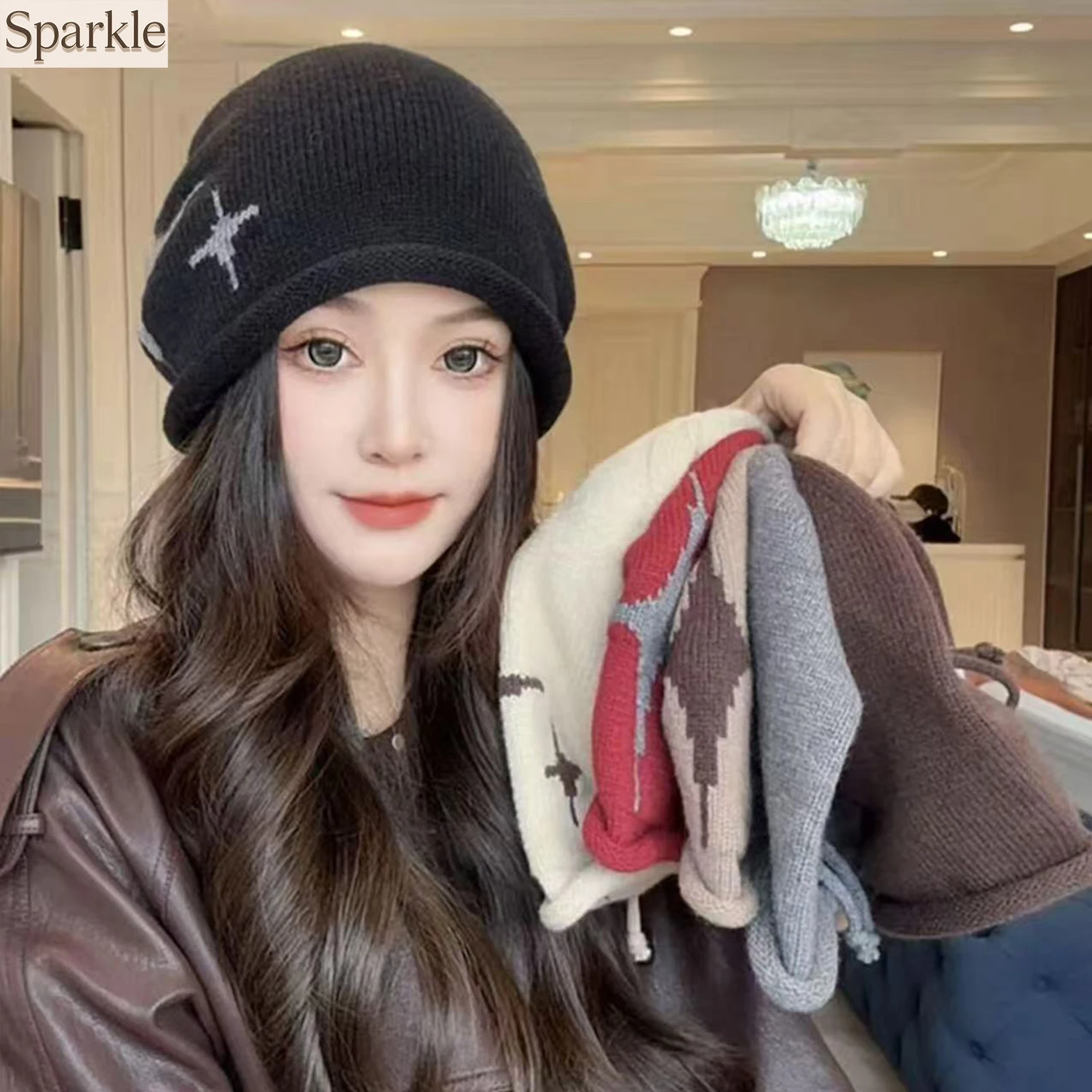 

Women's Casual Star Pattern Knitted Woolen Hat Thickened Cold-Proof Drawstring Beanie Cap Windproof Warm Ear Protection