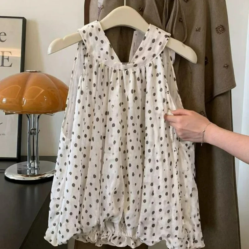 Korean Design Cute Lace-up Bow Polka Dot Women's Halter Top 2026 Summer New Loose Thin Y2k Versatile Age-reducing Vest Ladies