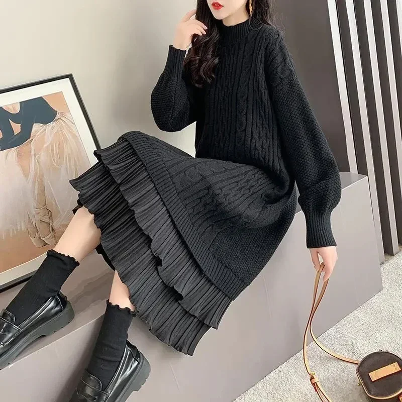 

Autumn Winter Long Sleeve Sweater Dress Women Korean Ruffles Loose Knitted Dresses Women's Mid-Length Knit Base Dress CY391