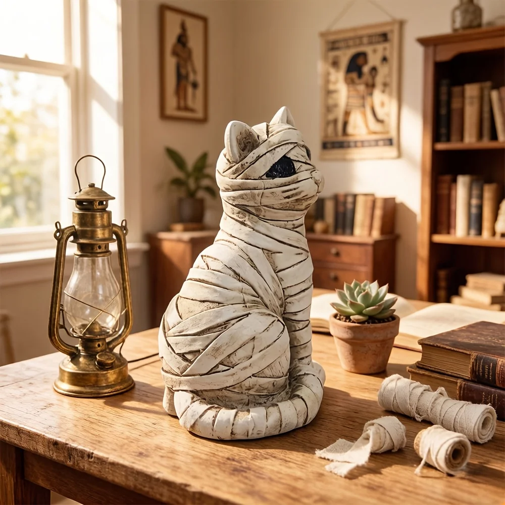 Vintage Ägyptische Mumienkatzenfigur, handgewickelte Bandage-Harzstatue, hohle dunkle Augen, Academia Gothic Halloween-Dekorationsgeschenk – Detail 2