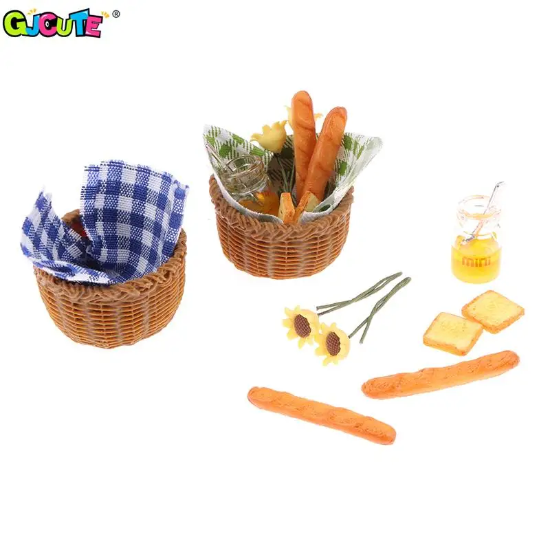 

1Set 1:12 Dollhouse Miniature Honey Bread Basket Flowers Picnic Basket Kitchen Furniture Model Decor Toy Doll House Accessories