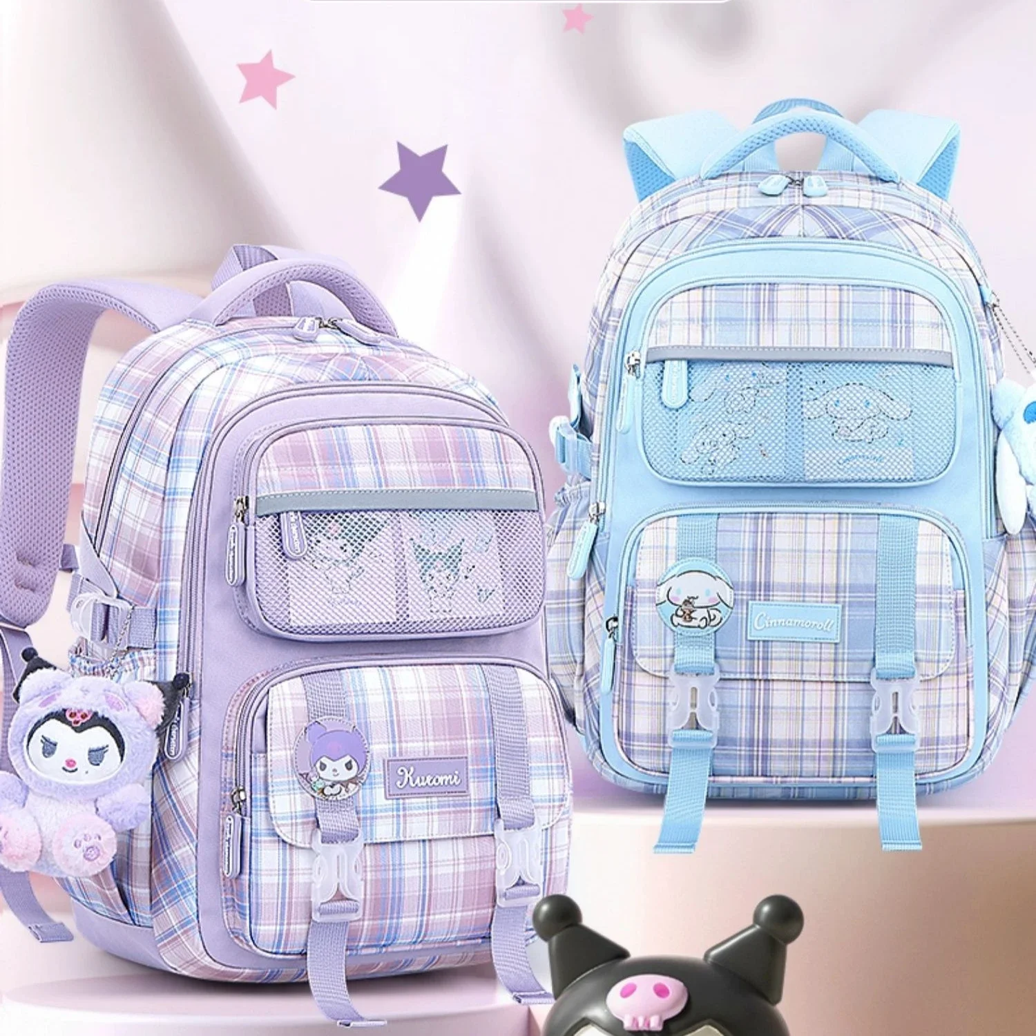 Sanrio Bolsa Primária para Mulher, Hello Kitty, Kuromi Girl Cinnamoroll, Mochila de Proteção da Coluna de Crianças, Mochila Escolar Bonito