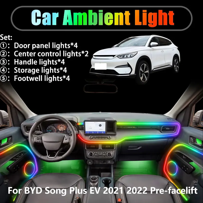 

Для BYD Song Plus EV 2021 2022 Перед внедорожником 2/18 в 1, автомобильное окружающее освещение, светодиодные фонари для багажника, интерьерные светодиодные фонари USB RGB Ensemble Streamer