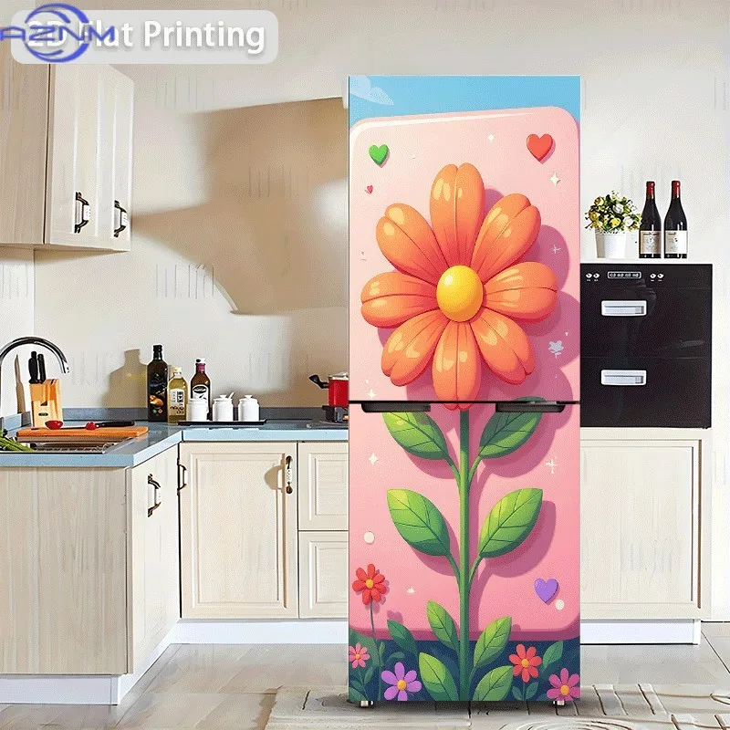 1pc 2D Pattern Printed Refrigerator Sticker Orange Flower Wall Sticker Wall Sticker Decoration Wallpaper Self-Adhesive for Cab