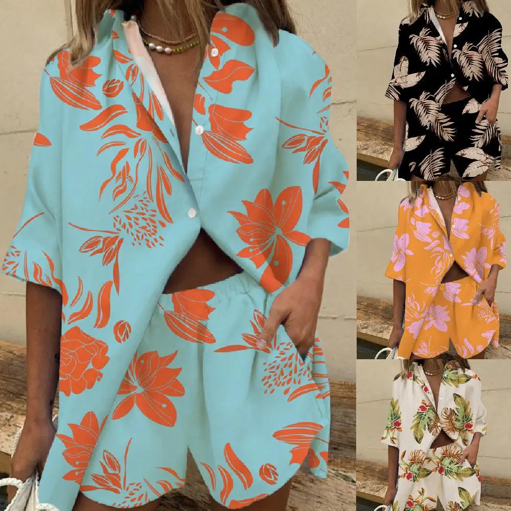 

Women's Floral Print Shirt Short Sleeve Three Piece Set Wide Leg Pants Commute Style Winter Collection Fashionable Ensemble