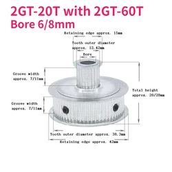 1pcs 2GT Timing Pulley Bore 6/8mm Double Side Gear GT2 20T-60T 1:3 Synchronous Wheels 3D Printer for Belt width 6/10mm