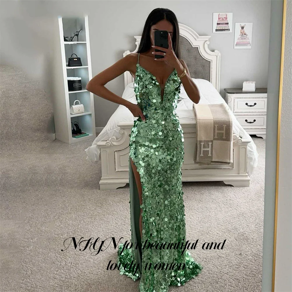 

RFYR Green Evening Dresses V-neck Prom Dress with Split Sequins Robe De Soirée Glitter Mermaid Pleat Party Dress Customized