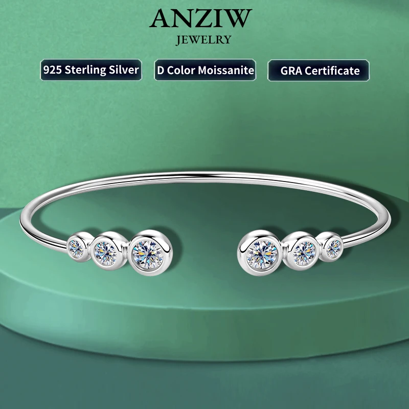 Anziw Simple D Color Moissanite Cuff Bracelet Bangle Silver 925 Open Ended Bracelets Gold Plated for Women Luxury Charm Jewelry