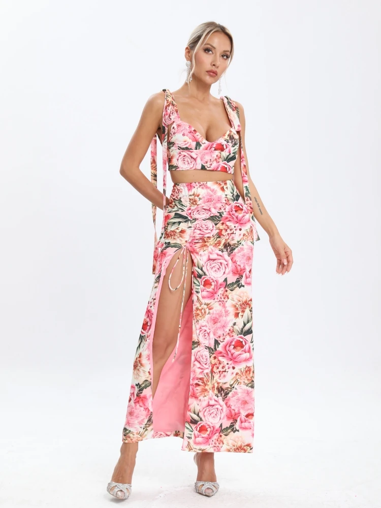 

Women's 2023 New Summer Printed 2-Piece Suit Sexy Floral Lace-up Backless Crop Top +Split Long Skirts Printing Beach Party