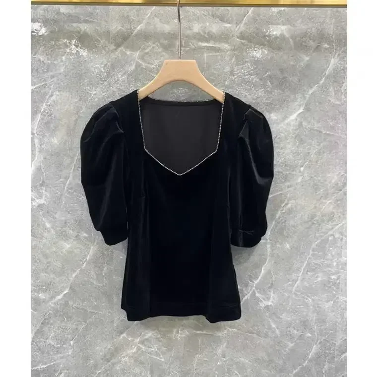 Blusas De Mujer 2026 Temperament Women Crop Tops Square Collar Puff Sleeve Velvet Shirts Diamond Black Tunic Summer Blouses