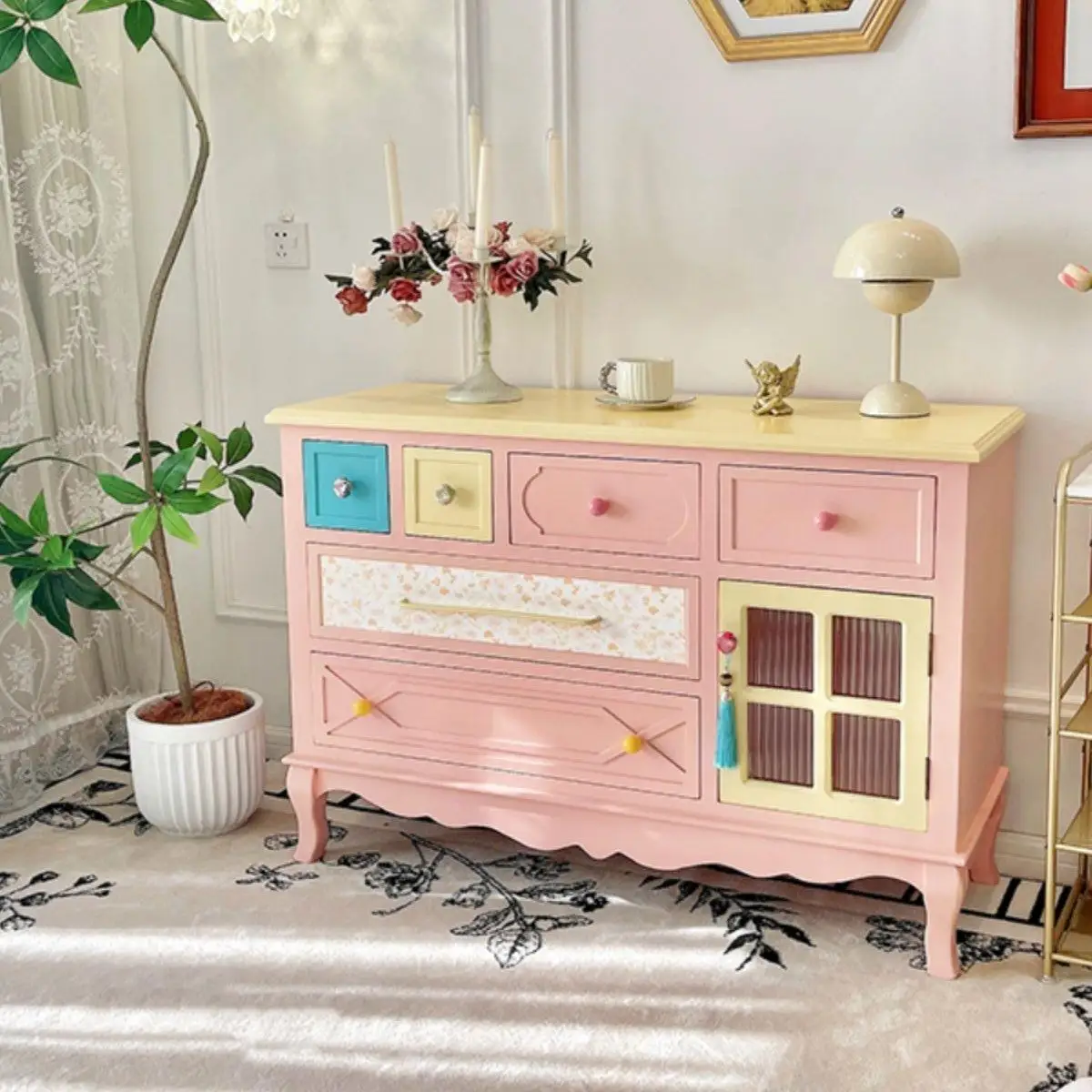 Pink dopamine solid wood drawer chest of drawers for living room, painted color-block decorative cabinet, bedroom storage