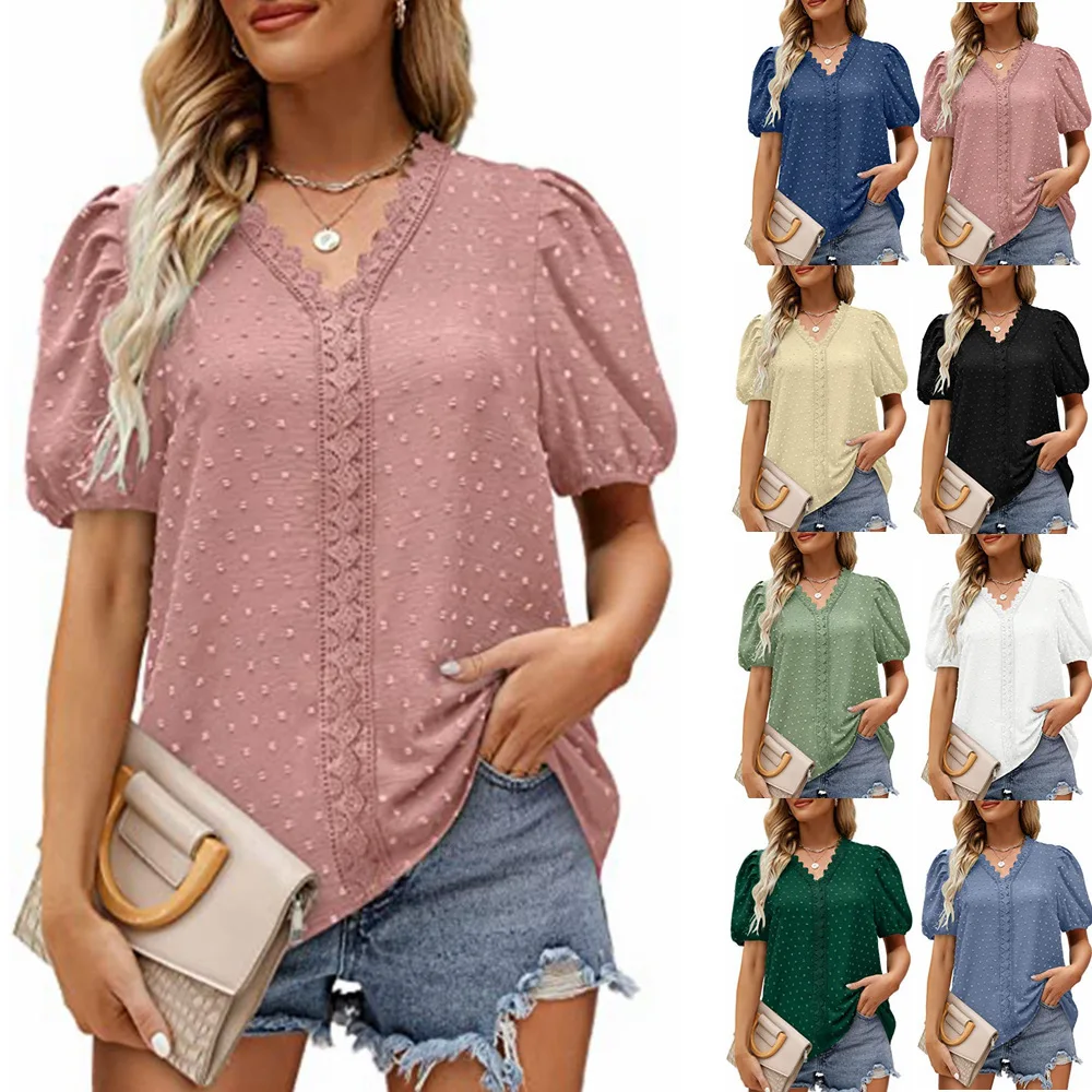 Women Short Sleeve Solid V-neck Hollow Out Lace Patchwork Pleated Chiffon Tops Summer Loose and Breathable Women's Top