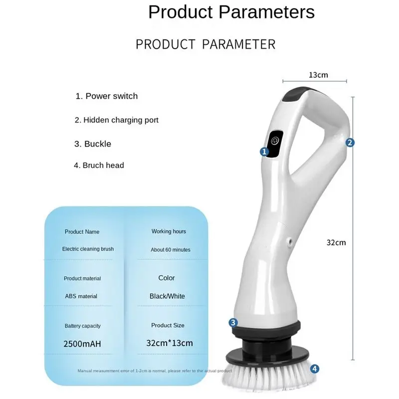 DT15 Electric Cleaning Brush, Rechargeable Household Scrubber with 5 Removable Heads, for Kitchen, Bathroom, Tile Cleaning