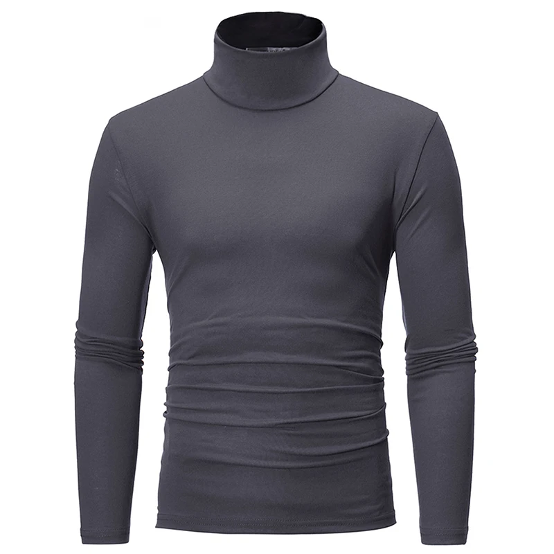 Fashion Men\'s Casual Slim Fit Basic Turtleneck High Collar Pullover Male Autumn Spring Thin Tops Basic Bottoming Plain T-shirt