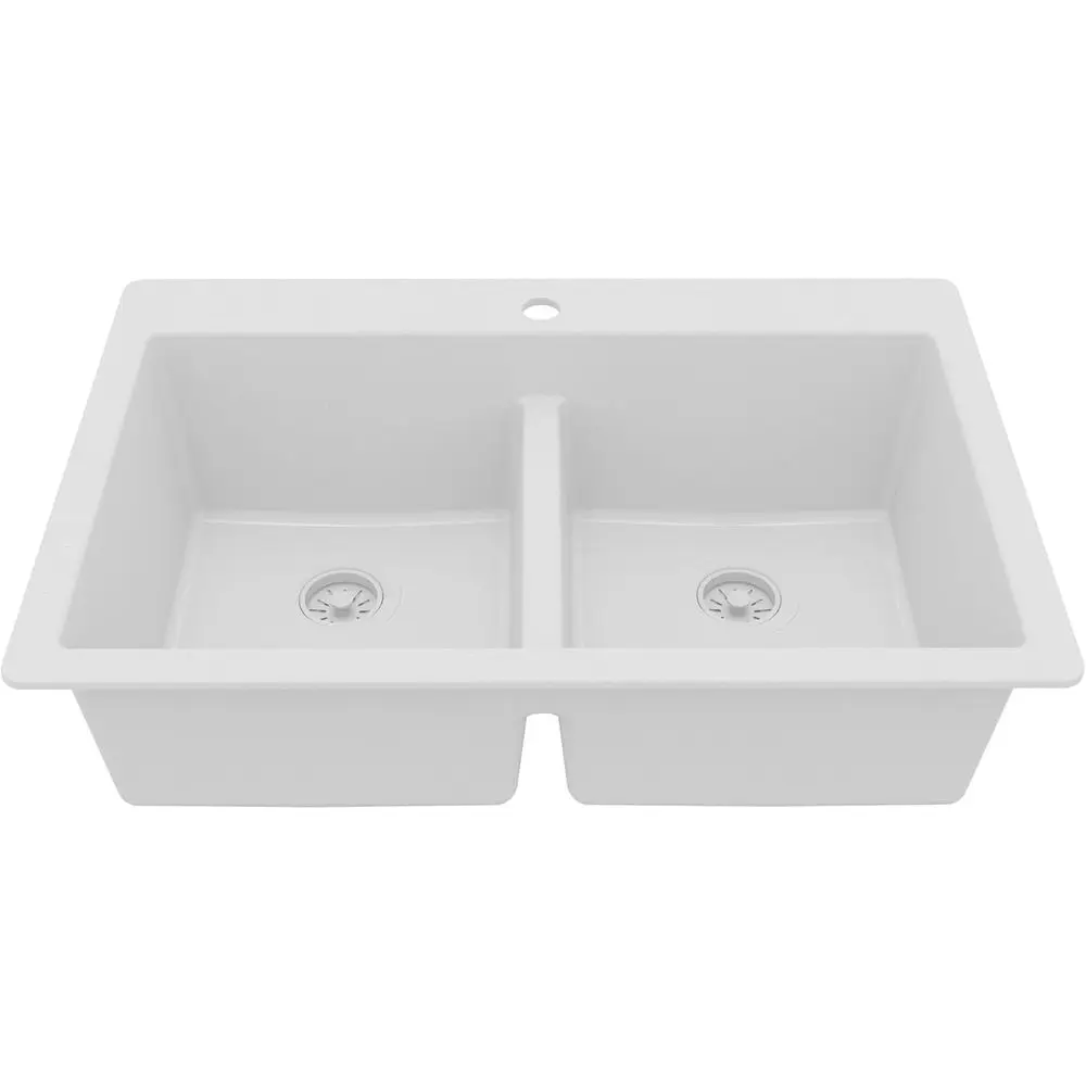 33 Inch White Quartz Composite Double Bowl Kitchen Sink, Top Mount Drop-In 50/50 Low Divider, Heat & Impact Resistant Sink with