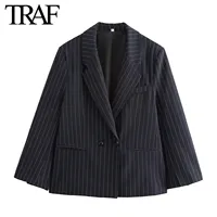 TRAF Blazers for Women Fashion Autumn Winter Loose Fine Stripes Long Sleeve Double-breasted Suits Jacket Chic Female Suit Coat