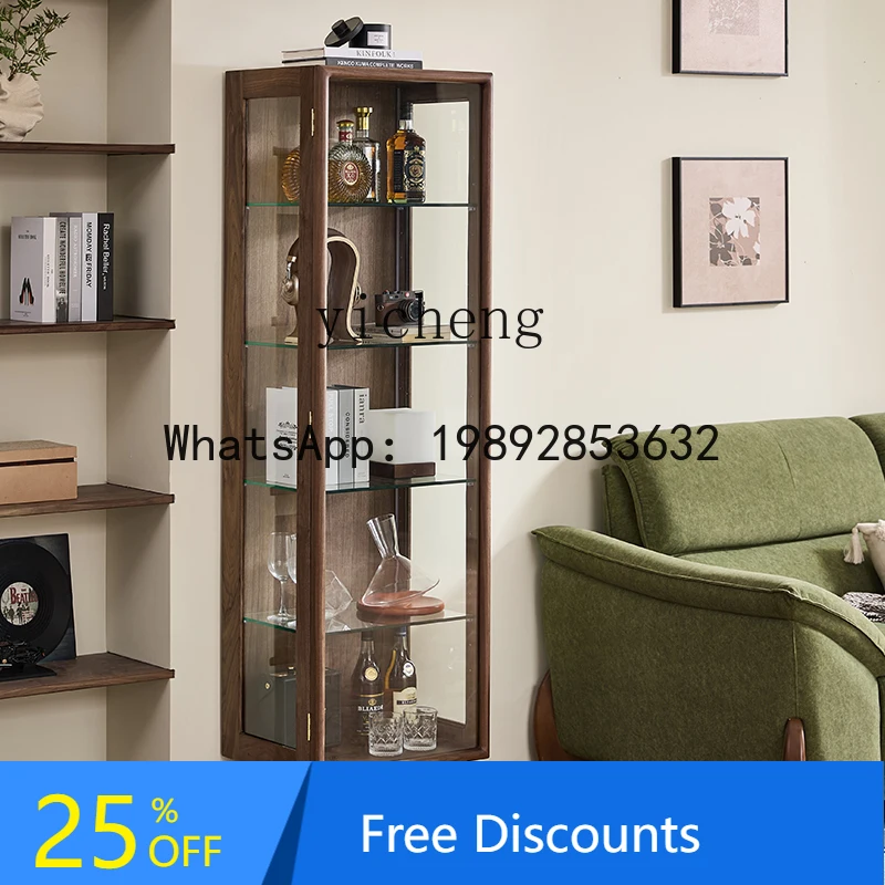 ABC  solid wood figure glass display cabinet  walnut wine cabinet light luxury living room wall storage side cabinet