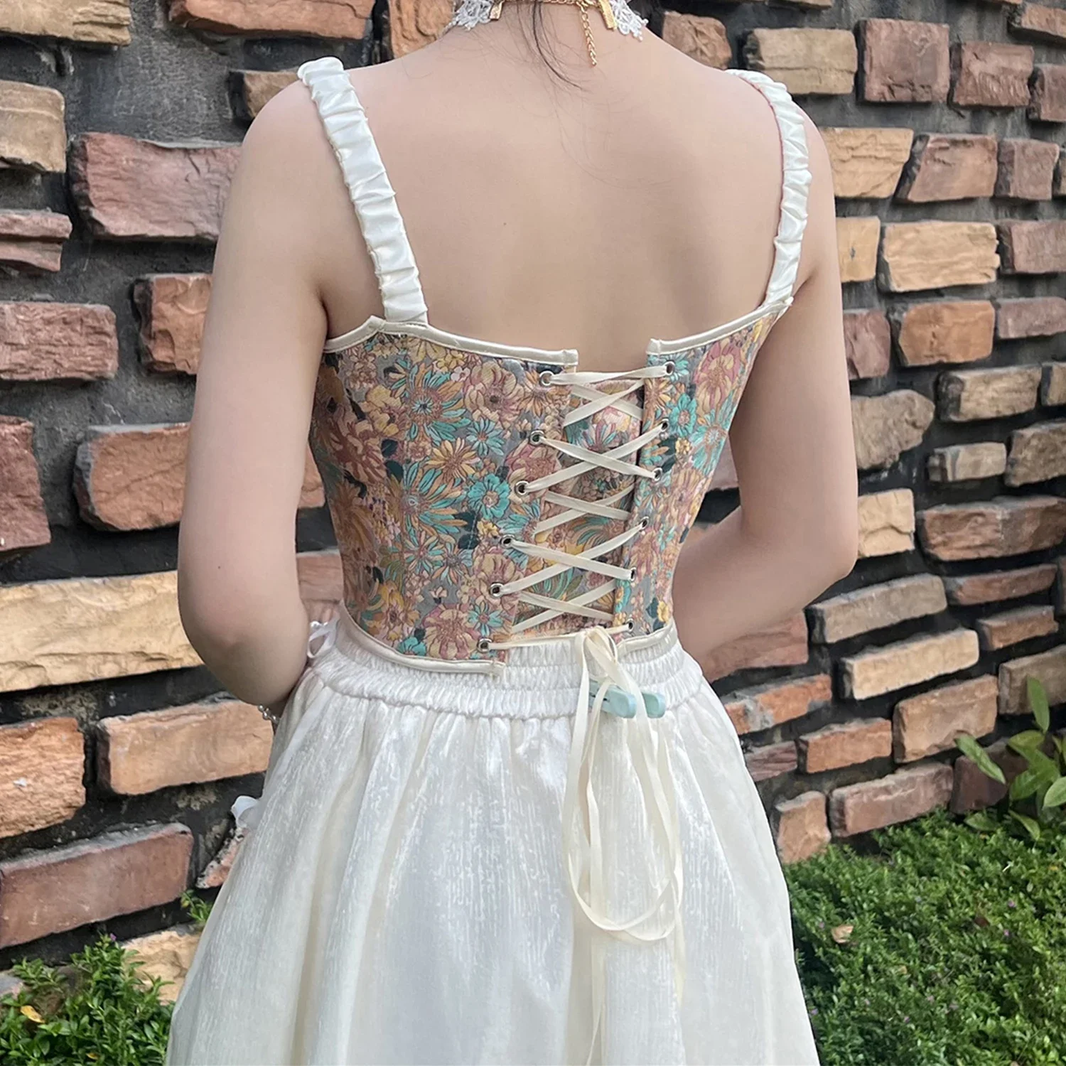 Women Evening Corset Crop Top O Neck Backless Floral Print Sexy Summer Casual Sleeveless Tank Tops Bustiers