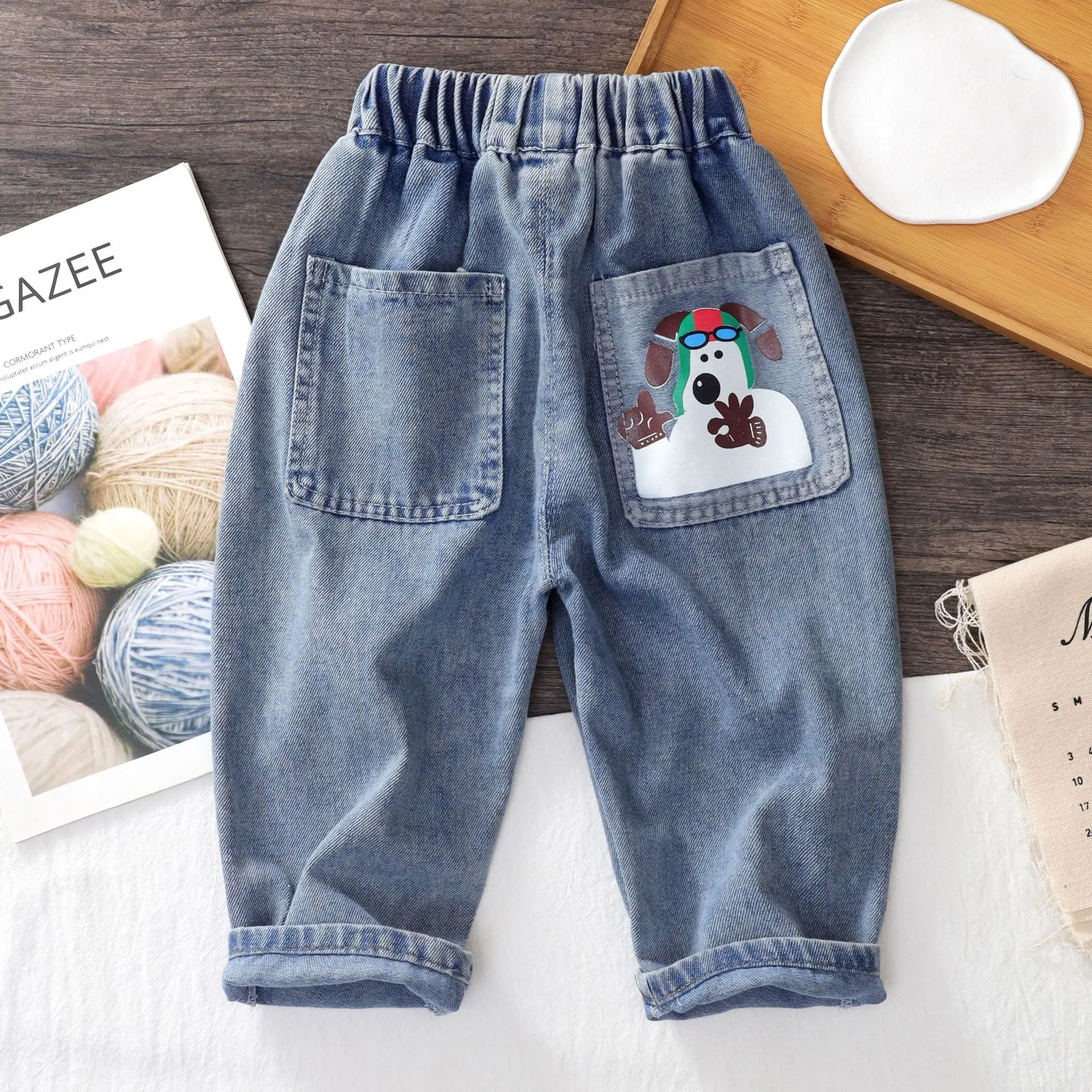 New Kid Boys Denim Pants Spring Autumn Elastic Waist Cartoon Sticker Pockets Children Boys Jeans Loose Casual Baby Boys Trousers