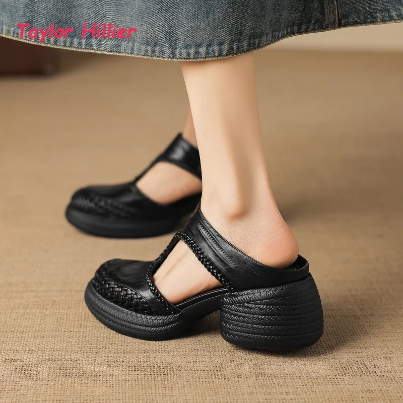 

Braided Leather Round Toe Chunky Heel Slides Women Hollow-Out Detail Ladies Trendy Summer Beach Street Daily Casual Shoes