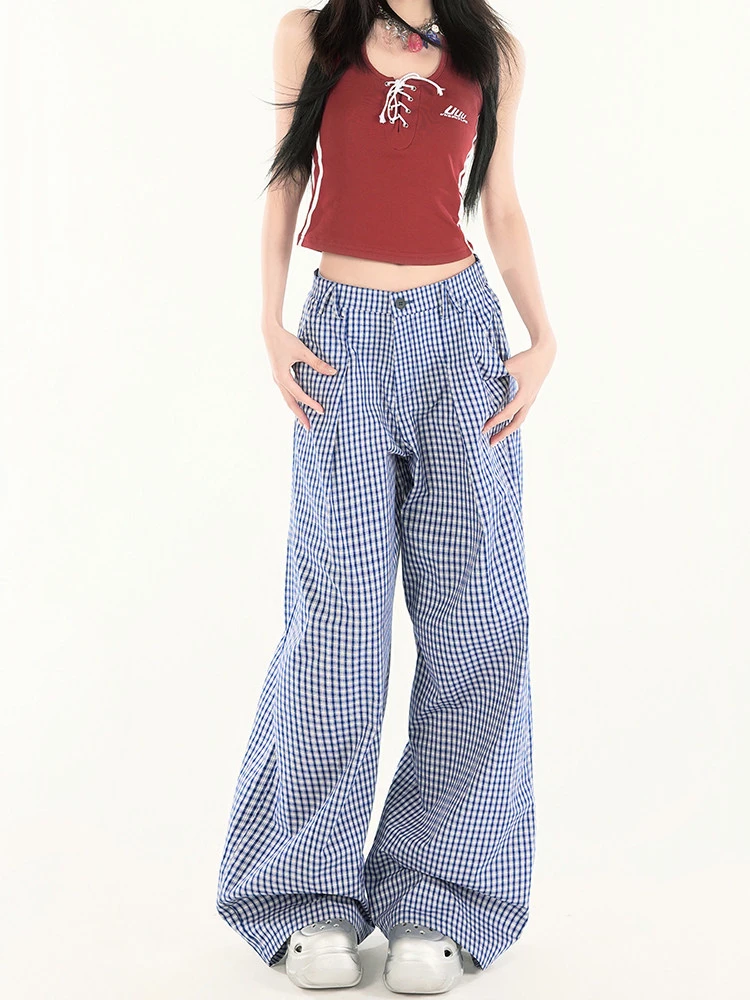 Women's Blue Plaid Casual Pants High Waist Thin Trousers Baggy Summer Sweatpants Female Wide Leg Bottoms