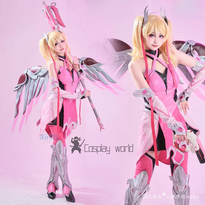 

Game Overwatch Cosplay Costume Mercy‌ Sweet Pink Angel Leather Dress Uniform Anime Women Halloween Carnival Party Clothes