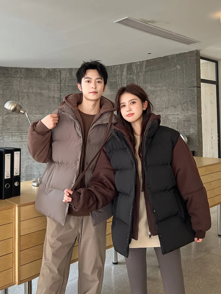 

Men's Winter Thiened Padded Jaet Hooded Bread Sle Coat Casual Outerwear Polyester Fabric Warmth Youth Faion Pure Color