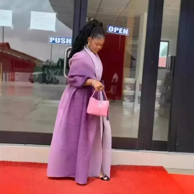 GGHK Pleated Women Plus Size Trench 2024 Autumn New Lapel Bat Sleeve Solid Color Vintage Cardigan Design Female Luxury Abaya