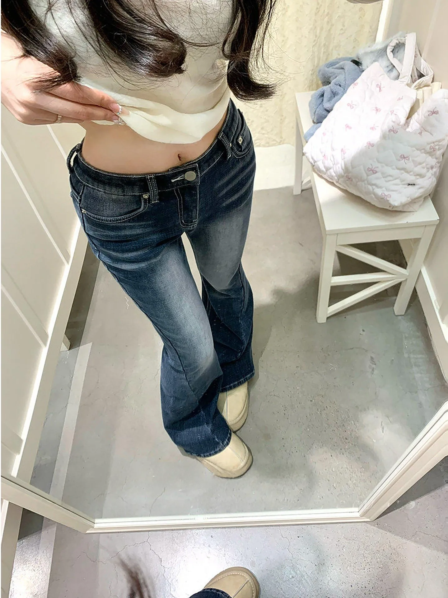 

Женские джинсы Gisele Slim Fit с расклешенными штанинами, повседневные, из выцветшего синего денима, универсальные длинные брюки для отдыха, белые, с принтом кошек