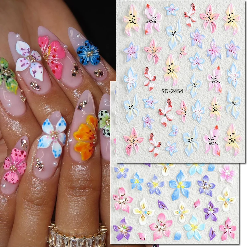 

5d Embossed Nail Art Stickers Summer Sea Florals Frangipane Blue Pink Lily Flowers Sliders Decals Decorated Nail Manicures