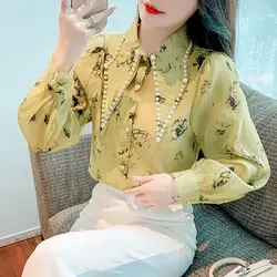 Vintage Ink Painting Straight Shirt Commute Spring Autumn Single-breasted Women's Clothing Turn-down Collar Chic Beading Blouse