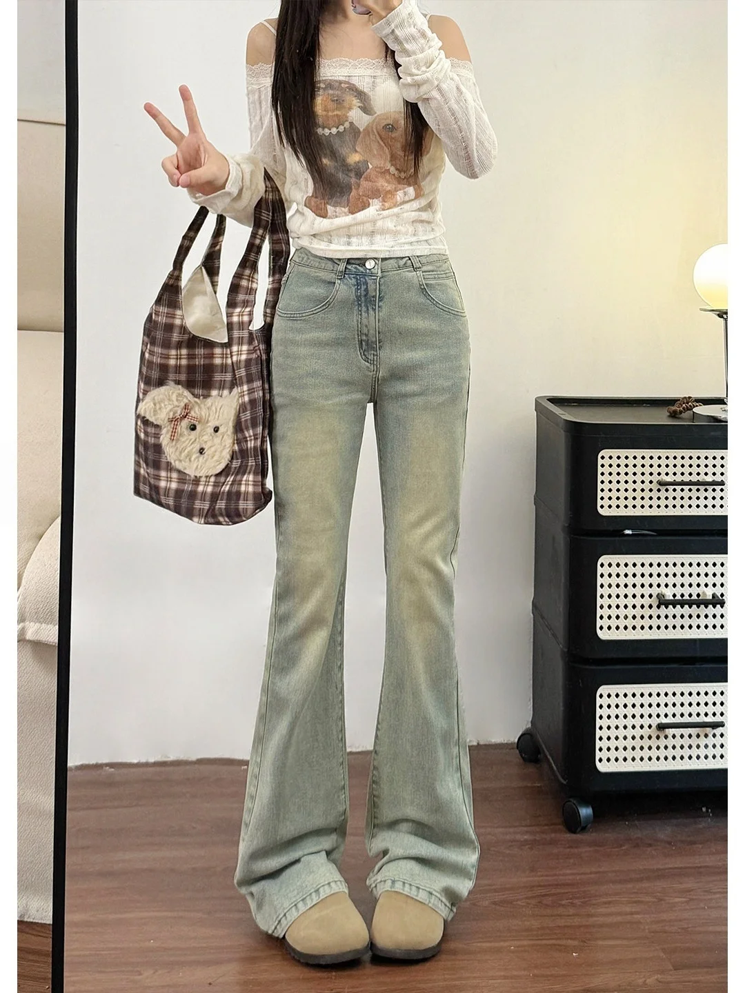 

Light Wash Faded Mud Dye Micro Flared Jeans Women's High Waist Elastic Hoof Pants Spring New Style plus Size Slimming