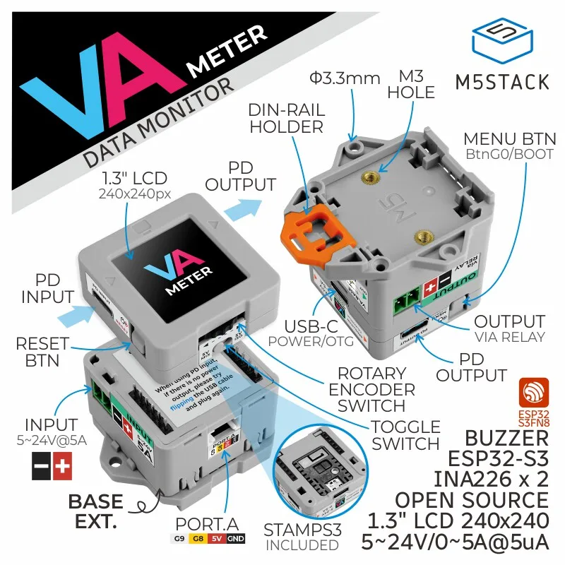 medidor-va-m5stack-medidor-de-potencia-programable-de-alta-precision-m5stamps3-para-medicion-de-voltaje-y-corriente