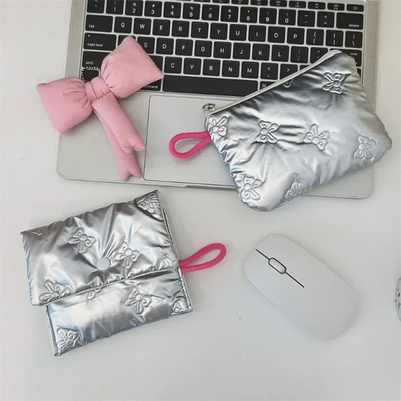 Korean Style Silver Stuffed Cotton Coin Purse Love Rhombus Shape Sanitary Napkin Storage Bag Portable Small Item Bag Storage Bag