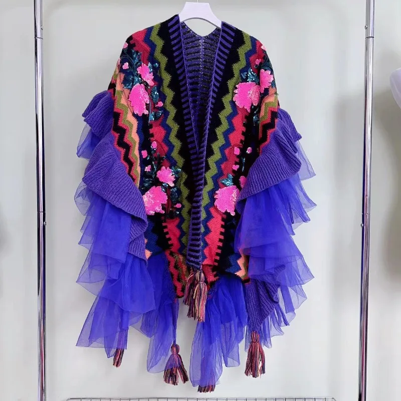 

Purple Coat With Lotus Sleeves Fashion High-end Designer Trend Embroidery Scarf Shawl Cape Overlay In Autumn Daily Wear Top