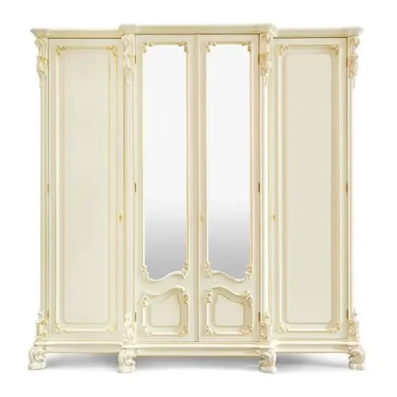 Customized Antique Style Beech Carved Wardrobe with Mirror Bedroom Furniture Gold Foil Decoration Wardrobe