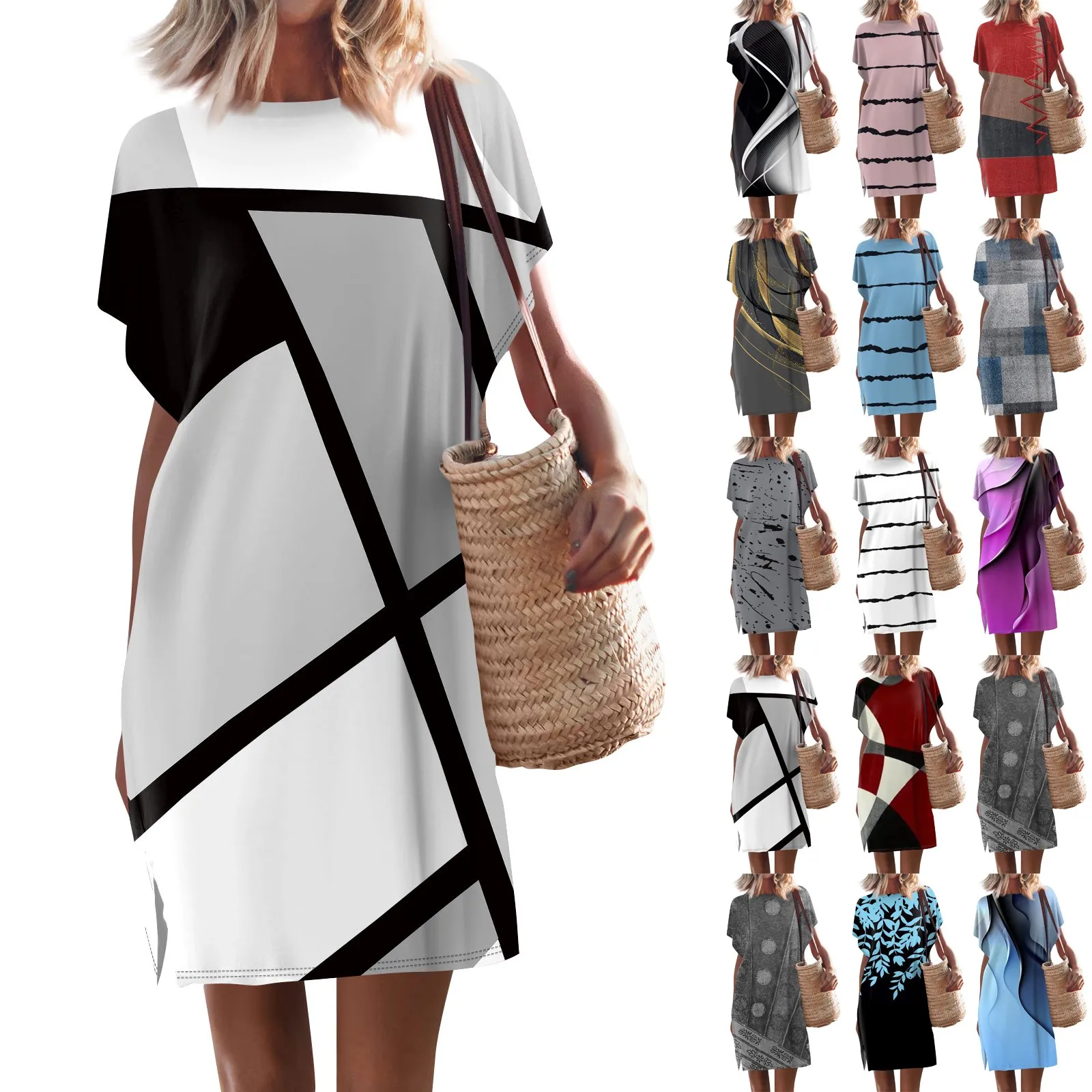 2024 платье женское Women'S Casual Round Neck Color Block Patchwork Printed Pullover Short Sleeve Split Dresses Robes Longues